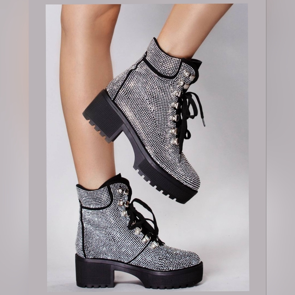 Azalea Wang Black Silver Sparkle Bling Lace Up Platform Ankle Boots